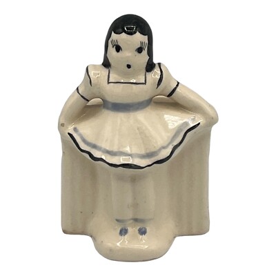 Vintage White Ceramic Girl With Blue and Black Stripes on Dress Planter Kitschy