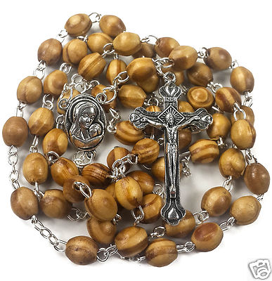 Catholic Prayer Rosary Olive Wood Beads Necklace Holy Soil Medal Cross Crucifix