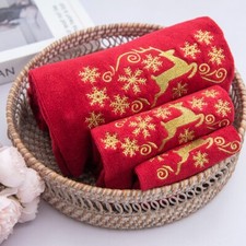 Xmas 100 Cotton Embroidered Bathroom Christmas 3 Piece Towel Set, Gold Deer