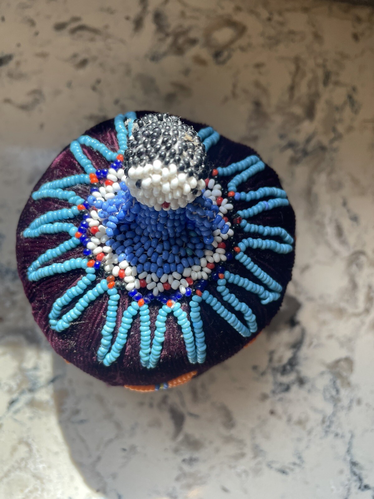 Navajo 1950’s Seed Beaded Doll Pincushion Woman Burgundy Velvet Hand