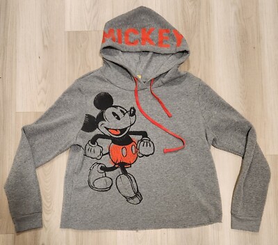 Disney Mickey Mouse Hoodie Womens XL Gray Crop Sweatshirt Mickey Written on  Hood