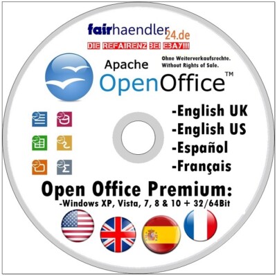 Open Office ENGLISH UK US SPANISH FRENCH  Windows 10, 8 & 7 Suite Oficina Bureau