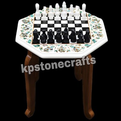 Luxus Marmor Schachtischplatte | Halbedelstein Intarsien mit schwarzem Onyx...