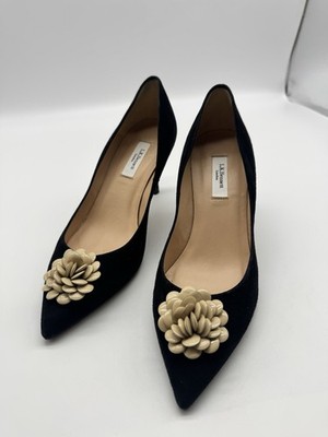 LK Bennett London Women's Black Suede Pump Cream Flower Size 36 US 6 Spain