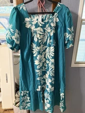 VTG Royal Creations Hawaiian Dress Sz L Teal Green  Muumuu Hibiscus Floral