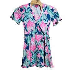 Lilly Pulitzer Floral Liddy Wrap Romper Pink Blue Ruffle Sleeve Shorts Size M