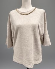 Zara Women’s Beige Ribbed Knit Top W/Gold Chain Accent Thick Stretch Fabric Med