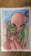 Aceo Original Acrylic Painting Of Alien Cuddling Her Cat