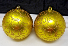 2 Gold w/Gold Glitter Accents 4" Plastic Ball Christmas Ornaments