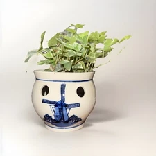 1964 Delft Blauw Painted Porcelain Crocus Pot Planter Dutch Windmill Boat Scene