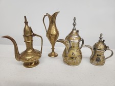 Vintage Middle Eastern Brass Dallah Ewer Set 4pc Arabic Coffee Pot Islamic