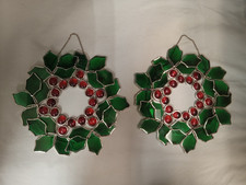 Vtg Lot of 2 Stained Glass Christmas Holly Berry Wreaths 9.5" Hanging Suncatcher