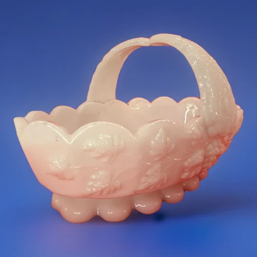 Vintage Westmoreland White Milk Glass Trinket Basket Split Handle With Grapes