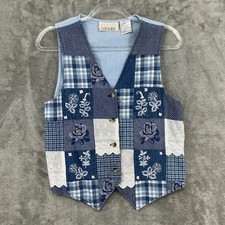 Vintage Casey  Max Vest Womens Small Blue Patchwork Floral Cottage Button Blue