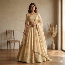 Sanskriti Vintage Golden Beige Art Silk Stitched Lehenga Hand Embroidery Zardozi