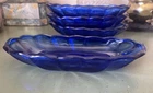 Set of 4 Vintage Cobalt Blue Glass Oval Relish Dishes, Scalloped Edges