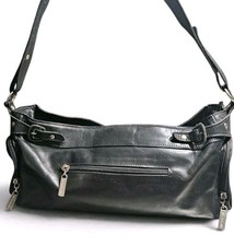 14" Vintage Charles Black Faux Leather East West Baguette Shoulder Purse Goth