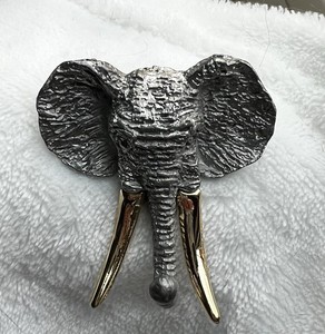 Elephant Head Metal Brooch Pin Silver Tone with Gold Tone Tusks