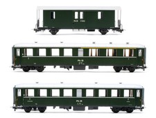 BEMO 'HOE/HOM' GAUGE RAKE OF 3 RHB GREEN 1X BAGGAGE 2X PASSENGER COACHES