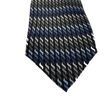 Bergamo New York Tie Mens One Size Black Blue Geometric Wavy Handmade Pure Silk