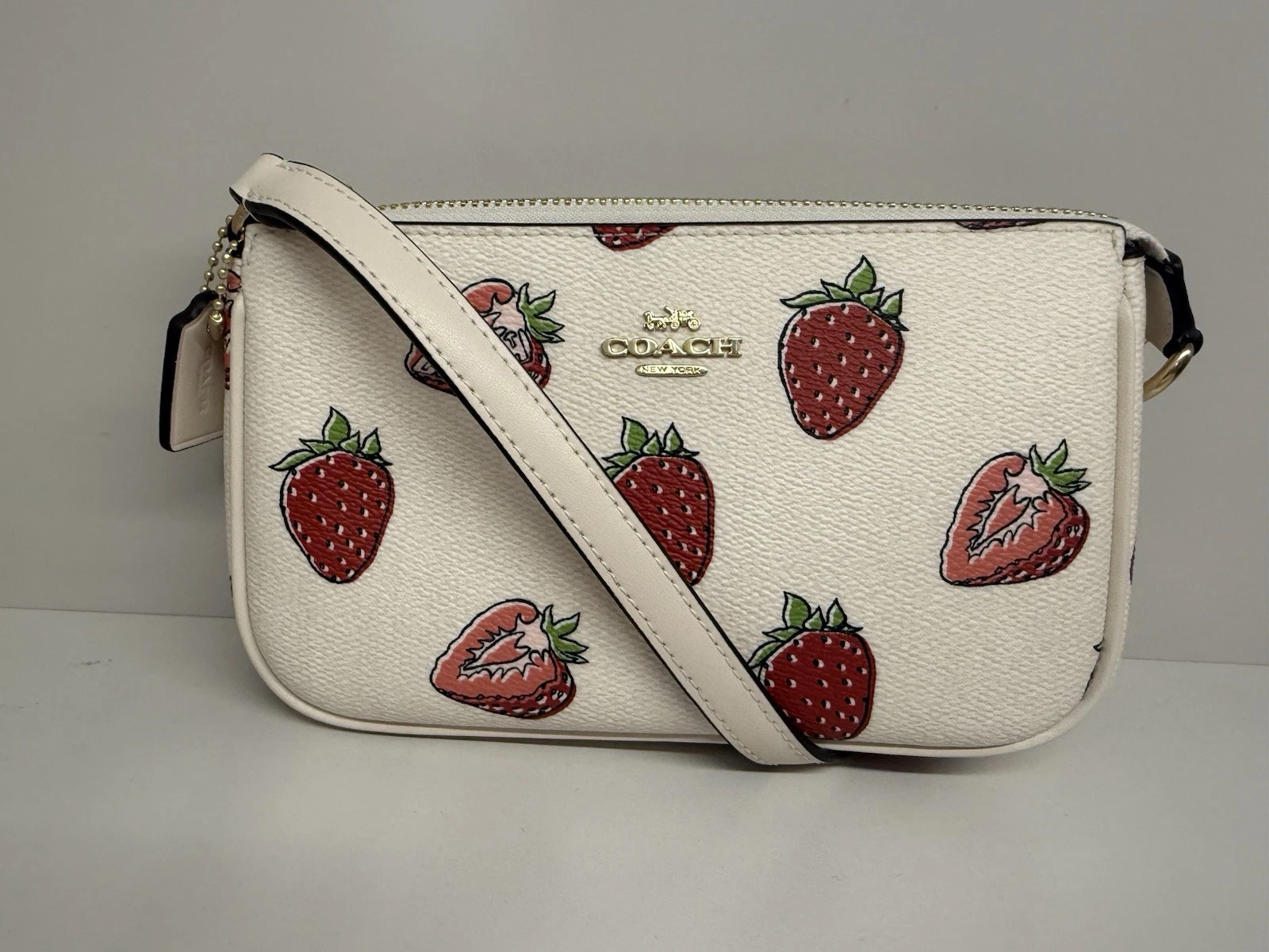 Bracciale Coach Nolita 19 con stampa fragola tela gesso CAL25 + catena omaggio nuovo con etichette