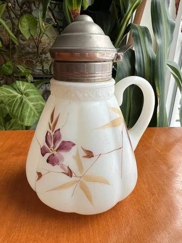 Antique  Northwood Milk Glass syrup Pitcher 5 3/4";  Hand Painted (89)
