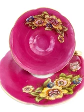 Vtg Occ. Japan Jyoto Teacup Saucer Handpainted Fuscia Yellow Gold Rose Floral