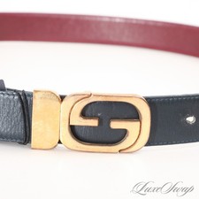 Vintage 1980s Gucci Made in Italy Navy Blue Leather Gold GG Buckle Belt 40