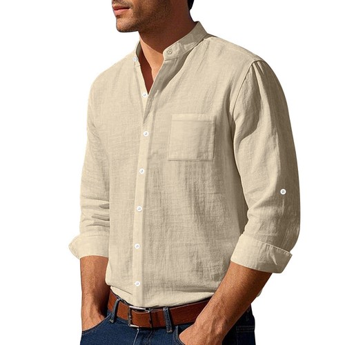 Herren Leinen Hemd Langarm T-Shirt Langarmshirt Freizeit Hemden Knopf Bluse Tops - Bild 29 von 29