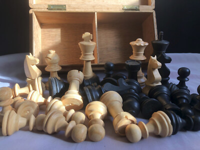 Vintage Holz Schachspiel komplett König 70 mm Box Klappdeckel nicht gewichtet