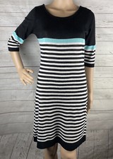 Charming Charlie Sweater Dress Small Black Teal White Striped Thin Knit 