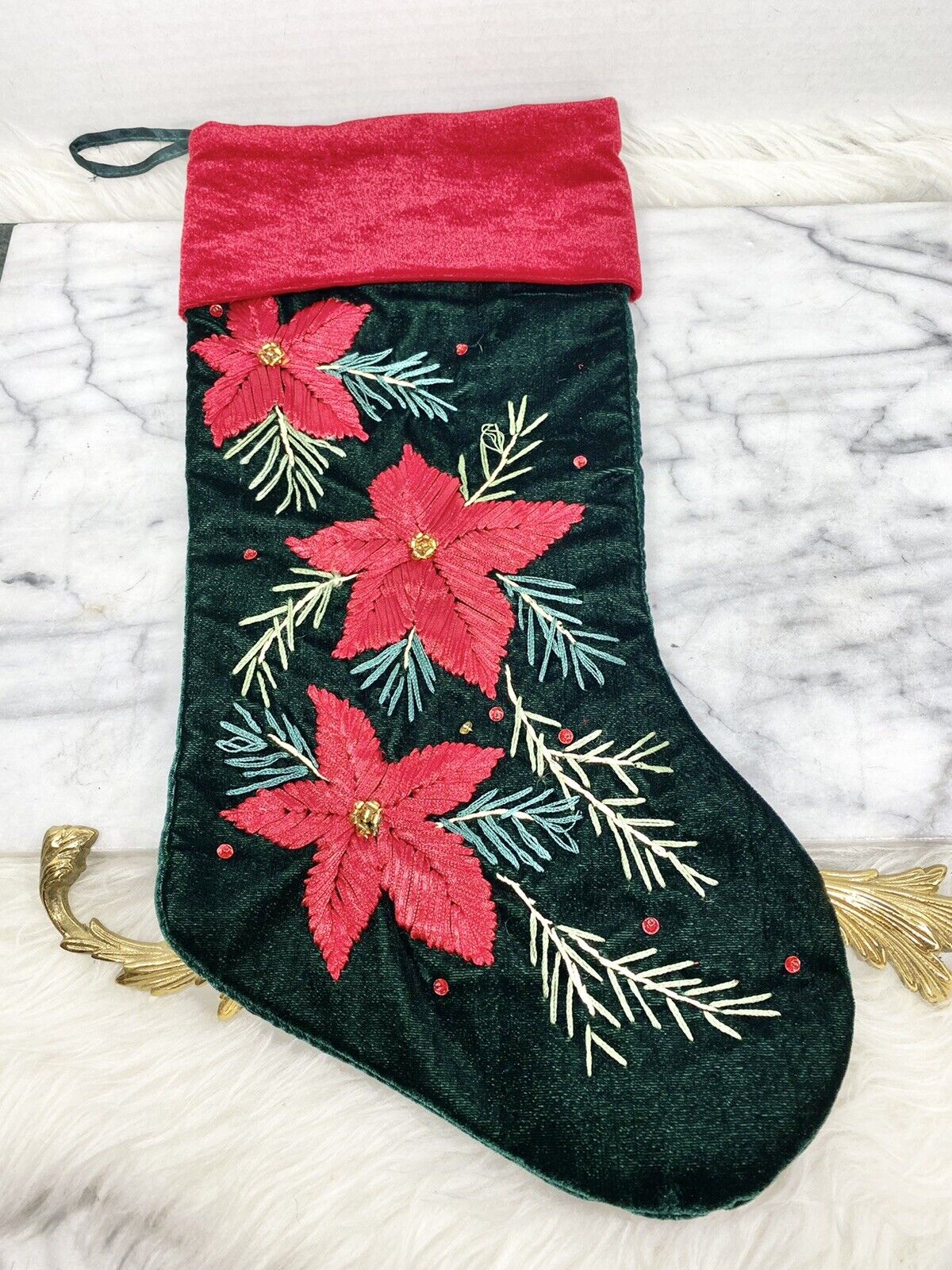 POINTSETTA EMBROIDERED Christmas Stocking Embellished Red Green
