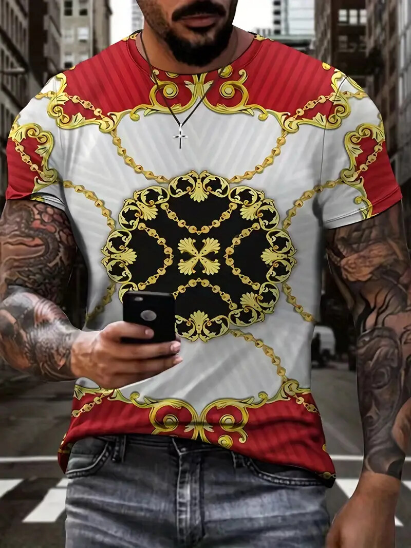 Camiseta Cadena de oro Moda Novedad Rojo Blanco Fiesta de lujo Casual Hombre Tee