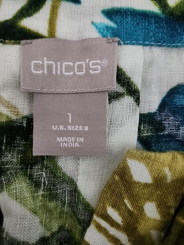 Chico's Size 1 (8/M) 100% Linen Popover Top Colorful Floral Peasant Notch Neck - Picture 6 of 6