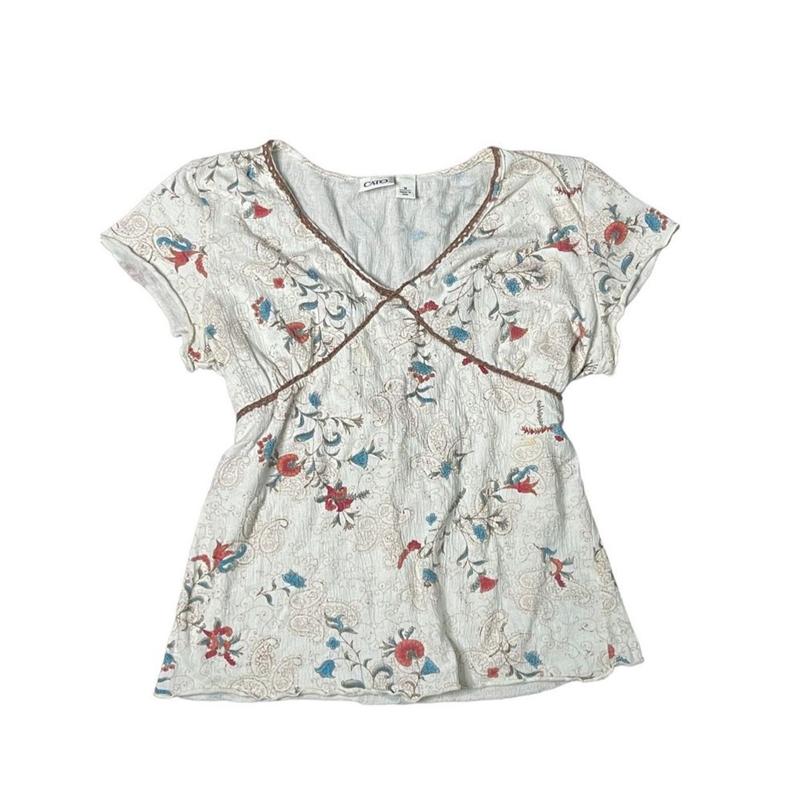 Cato Womens Floral V-Neck Peasant Blouse Short Sleeve Top Medium