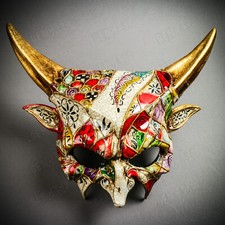 Venetian White Demon Mask w/ Gold Sharp Horns Venice Masquerade Ball Party Mask