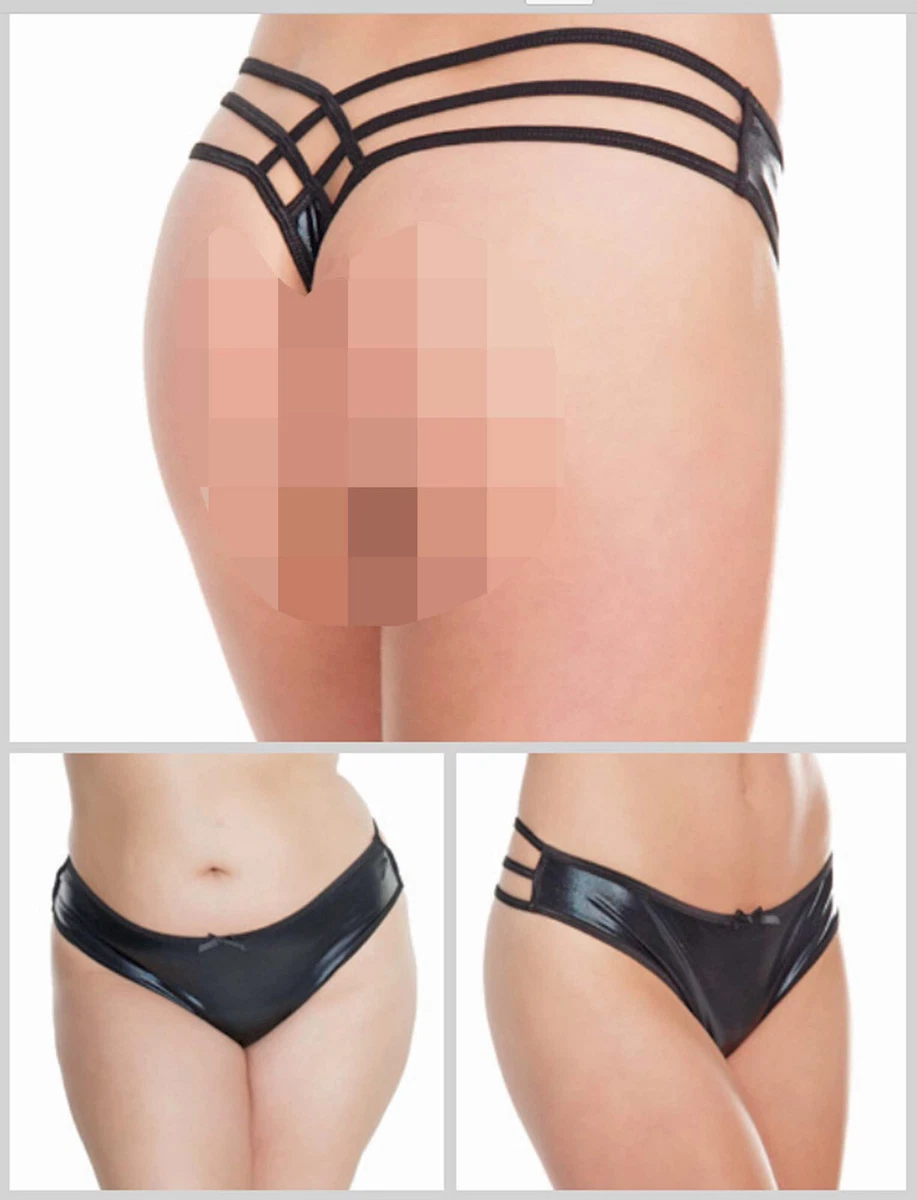 Womens Wet Look Thong Strappy Back Black Panty One Size | eBay