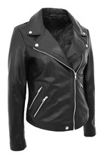 Ladies Trendy Black Leather Biker Jacket High Quality Zip Fasten Fitted Coat New