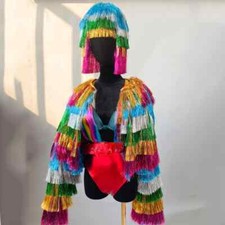 Women Colorful Fringed Coat Bodysuit Headwear Stage Wear Performance Costume