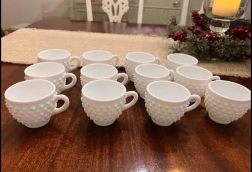 Hobnail Cups Fenton White Milk Glass Lot Of 12 Punch Coffee Tea mugs cups VTG