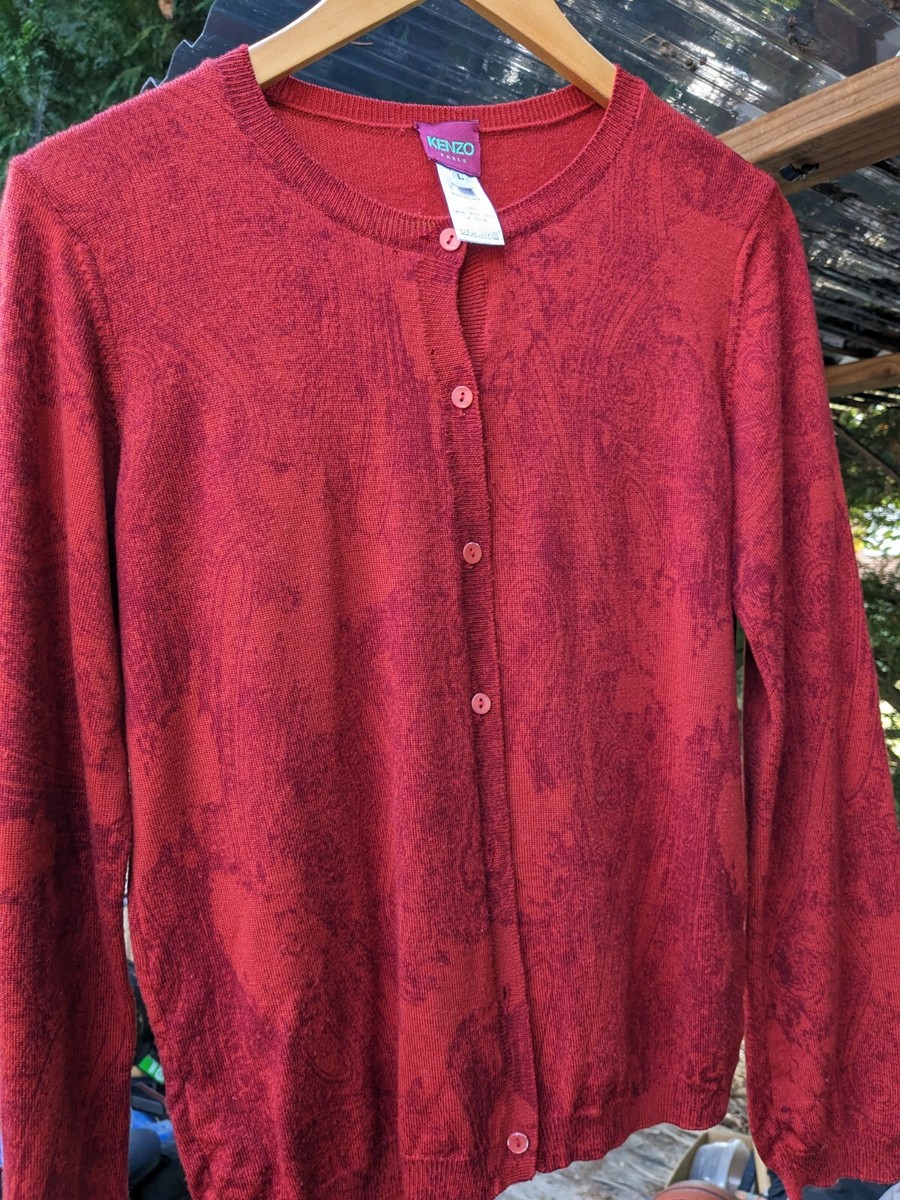 Vintage KENZO PARIS Knit Wool Cardigan Paisley Red Size L Italy 