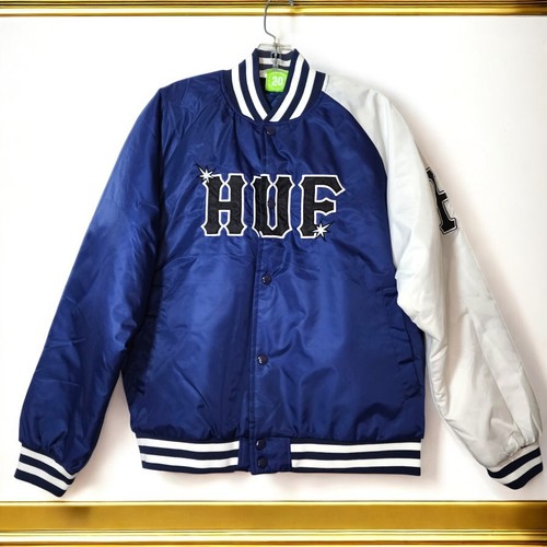 HUF Varsity Bomber Baseball Jacket Men's SMALL Navy White Big Logo Streetwear - Picture 5 of 24