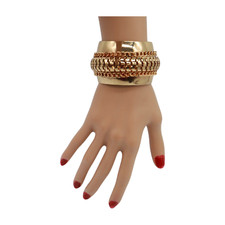 Women Fashion Jewelry Gold Wide Cuff Bangle Wrist Bracelet Metal Chain Accessory