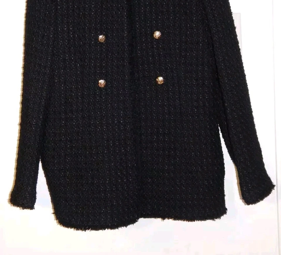 M&S Collection size 12 Black Tweed Straight Longline Blazer with Wool - Image 3 of 4