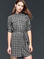 GAP Women Dark Gray Plaid Checks Long Sleeve Button Tie Cotton Shirt Dress XS