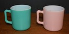 VTG Retro HAZEL ATLAS Coffee Mug Set Milk Glass Coral & Aqua D-Handle MCM