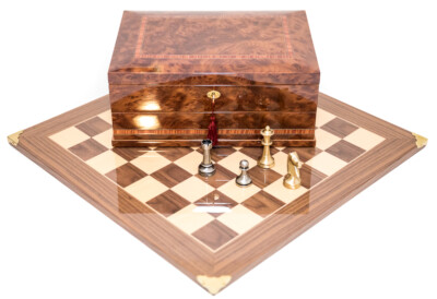 Brass Staunton Chessmen & Master Chess Board with Napoli Chess Storage Box