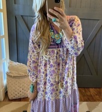 L New Boho Country Cottage Maxi Dress Vtg 70s Folk Cottagecore Ins Women's LARGE
