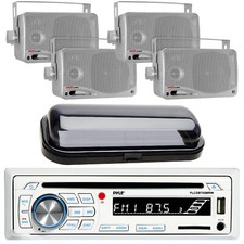 Marine Boat CD MP3 AM/FM Radio Player  Bluetooth 4 Silver Box Speakers  Cover