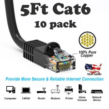 5Ft CAT6 Ethernet Cable Lan Network CAT6 Internet Modem RJ45 Patch Cord Black